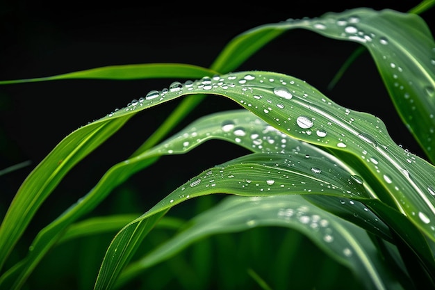 Un macro tir de gouttes d'eau sur une feuille de maïs