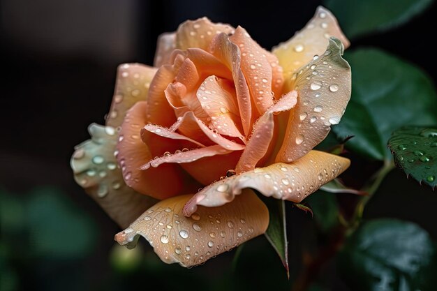 Macro-vision de rose avec des feuilles vertes et du pollen