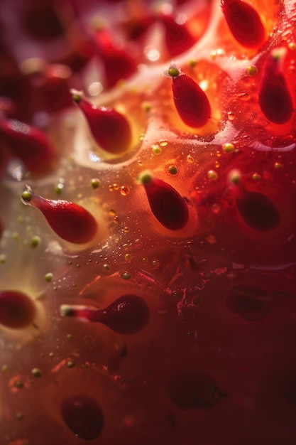 Une macrophotographie capturant l'essence de la surface d'une fraise avec des graines et des gouttes de rosée délicates