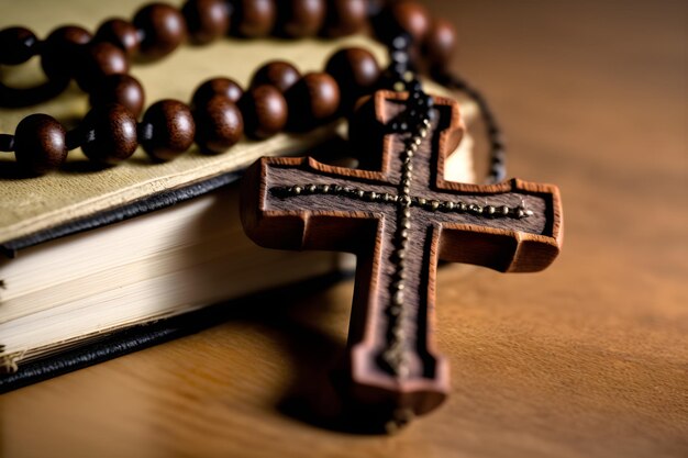 La macrophotographie dévoile les détails exquis d'un chapelet en bois la nature divine du christianisme