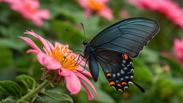 Une macrophotographie fascinante d'un petit papillon satyrium noir sur une fleur rose