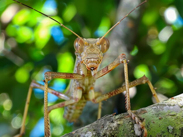 Macrophotographie d'une mante religieuse sur une branche d'arbre verdoyante sur un fond flou