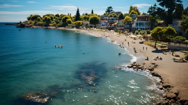 Macrophotographie miniature au-dessus d'une belle plage côtière avec ville et mer pendant les vacances