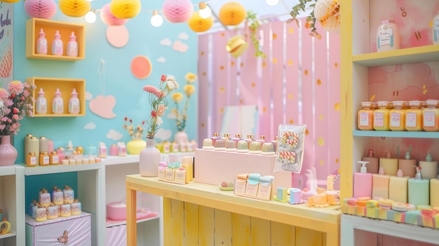Photo un magasin de couleurs pastel avec des étagères de produits de beauté et un comptoir au centre il y a des fleurs