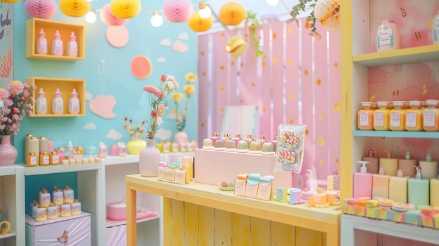 Un magasin de couleurs pastel avec des étagères de produits de beauté et un comptoir au centre Il y a des fleurs