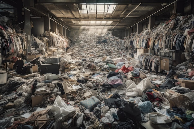 Magasin de fastfashion rempli de vêtements jetés et d'autres textiles en tas chaotique