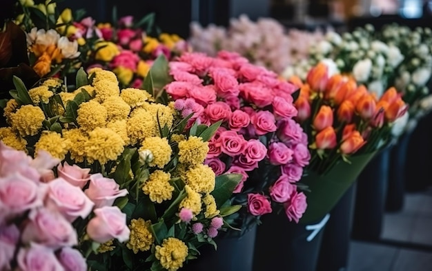 Un magasin de fleurs avec un bouquet de fleurs