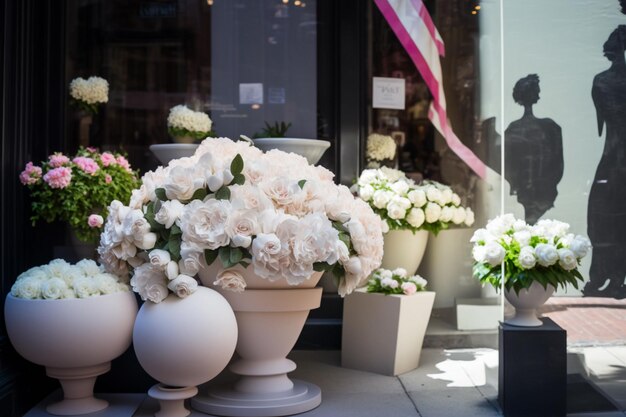 Un magasin de fleurs avec une femme en robe blanche debout devant une fenêtre avec un panneau qui dit "l'amour est en arrière-plan"