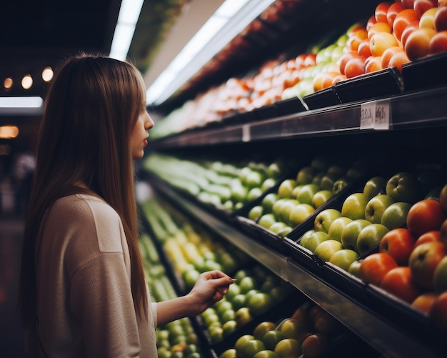 Magasin de fruits frais de style de vie de supermarché Jeune femme faisant du shopping avec des aliments sains Generative AI