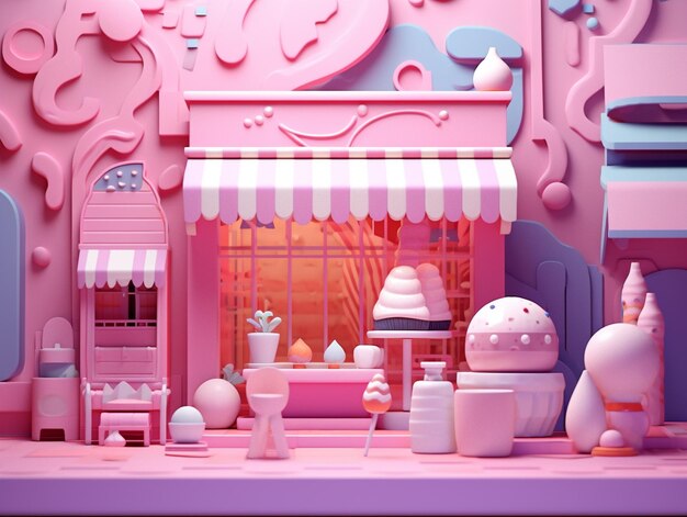 un magasin de jouets rose et blanc avec un auvent rose et blanc