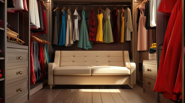 Magasin de luxe de vêtements féminins avec canapé beige intérieur de garde-robe féminine
