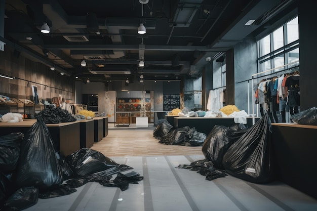 Magasin de mode rapide avec des vêtements exposés et des sacs poubelles en arrière-plan