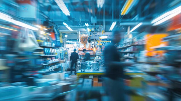 Un magasin moderne flou avec des gens floues en arrière-plan