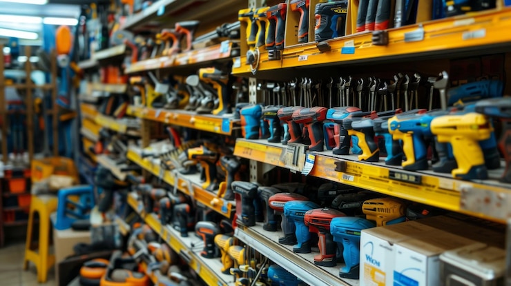 Photo un magasin avec de nombreux outils sur les étagères, y compris des perceuses et des tournevis