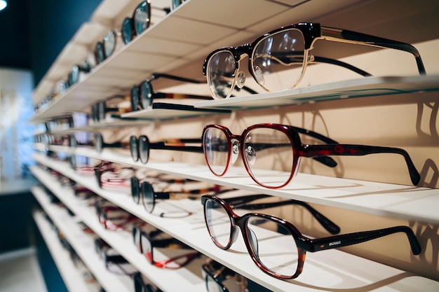 Un magasin d'ophtalmologie moderne présente une variété de lunettes en gros plan