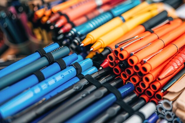 Un magasin de papeterie avec des étagères de stylos colorés, des cahiers bien empilés et des fournitures de bureau assorties