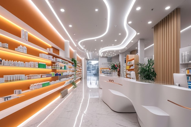 Un magasin de pharmacie avec un long comptoir et des étagères Conception intérieure d'une pharmacie moderne et de haute technologie générée par l'IA