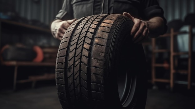 magasin de pneus de voiture et mécanicien de service tenant un nouveau pneu sur l'espace de copie de fond de garage