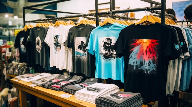 Photo magasin avec t-shirts avec imprimés faits à la main idée pour l'intérieur d'un magasin de vêtements marchandise personnelle