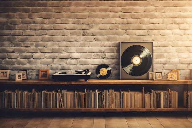 Magasin avec une table en bois et de vieux disques vinyles