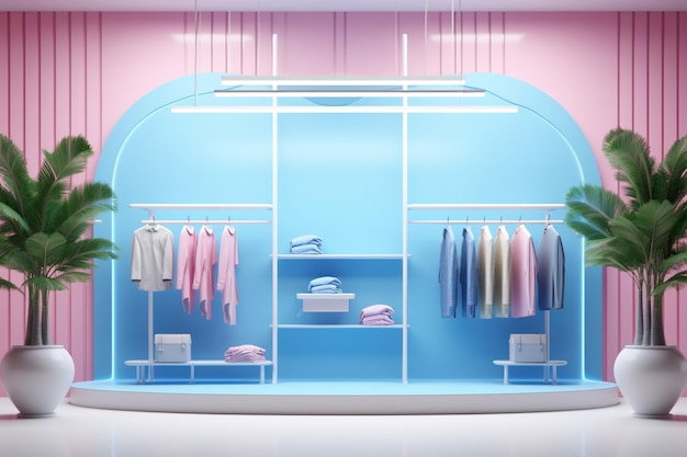 un magasin de vêtements brillamment éclairé avec un mur rose et bleu génératif ai