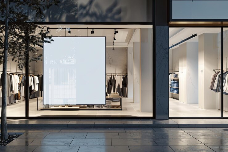 Photo un magasin de vêtements chics avec une grande bannière blanche dans la fenêtre