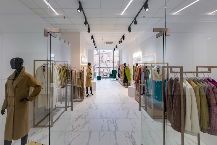 Photo magasin de vêtements dans un style moderne avec des vitraux en verre et des vêtements sur un cintre