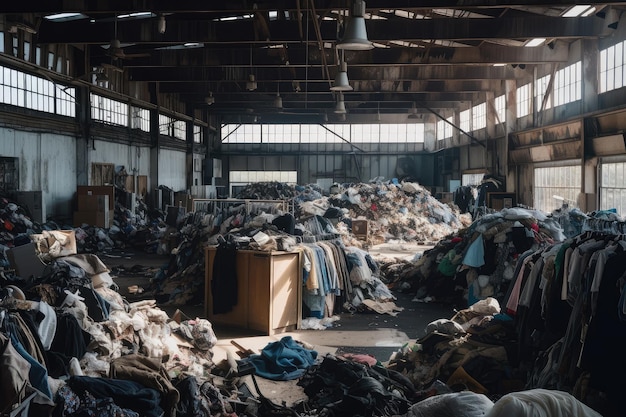 Magasin de vêtements Fastfashion avec vue sur la décharge et les tas de vêtements jetés