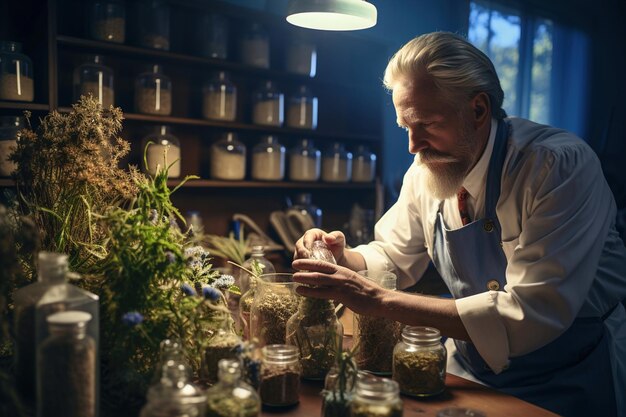 Magasins de médecine naturelle Variété d'herbes et de médicaments à base de plantes sur les étagères Pharmacie à base de herbes Herbe pour vieil homme