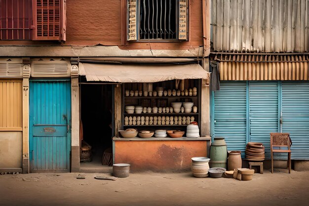 Des magasins et des vitrines dans une rue pauvre du Bangladesh