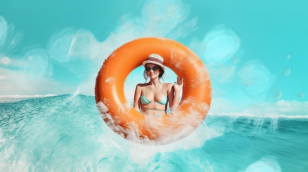 Magazine Web modèle créatif collage de fille heureuse préparer voyage mer océan station de villégiature publicité ensemble de rubber anneaux gonflables IA générative
