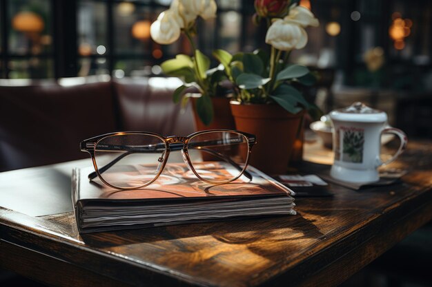 Magazines sur table avec des lunettes