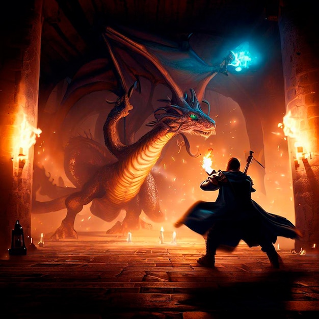 Un mage combattant un dragon dans un donjon éclairé uniquement par des donjons de torches et un style dragona rpg