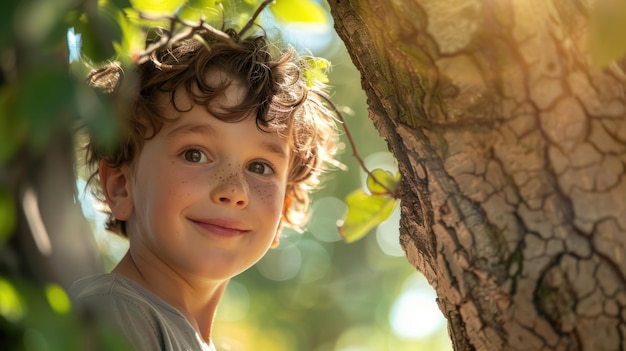 Magical HideandSeek Adventure Jeune garçon enjoué avec les cheveux bouclés regardant derrière l'arbre capricieux