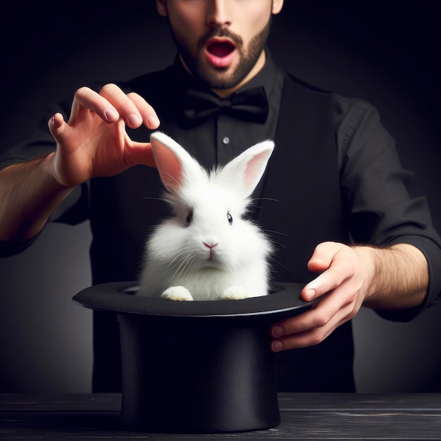 Un magicien sort un lapin blanc surpris d'un chapeau noir sur un fond noir