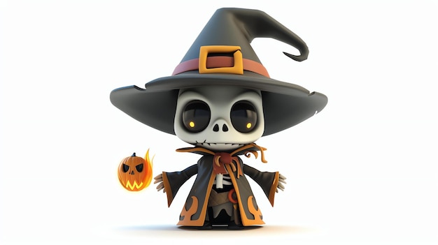 Un magicien squelette mignon est représenté en 3D. Le magicien porte un chapeau noir et une robe brune.