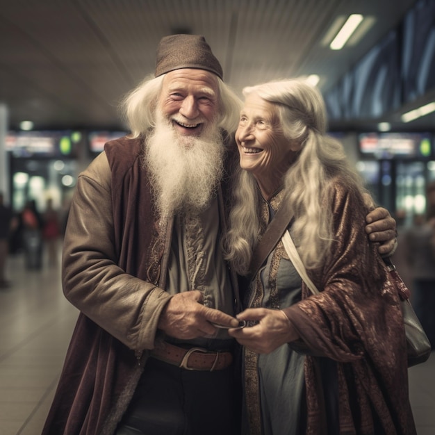 Le magicien d'un vieux couple heureux à l'aéroport