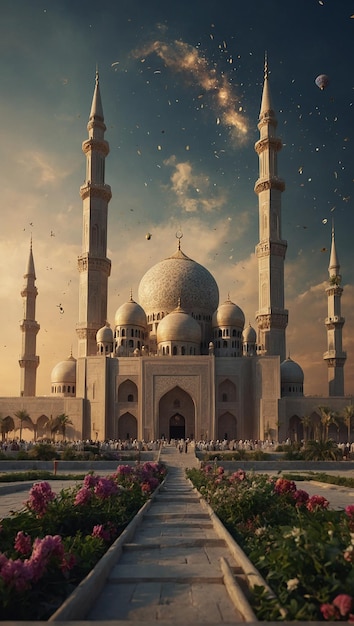 Magie de l'Aïd Mubarak vibre avec des rendus stylistiques mosquée etc.