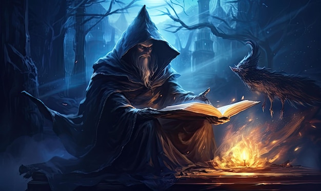 La magie coule dans les veines du sorcier à capuche alors qu'il absorbe la sagesse du livre.