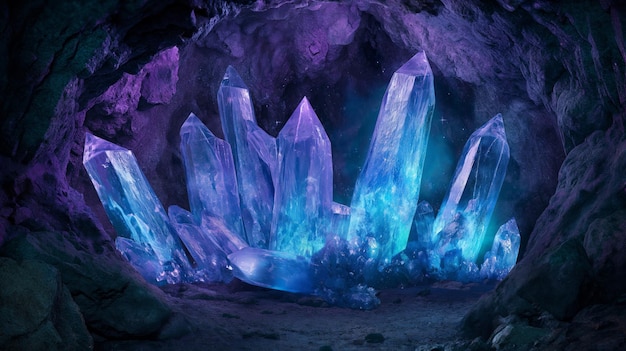 Magie fantaisie cristal améthyste lueur mystique de l'intérieur pierre cristalline bleue naturelle dans la grotte de la forêt une pierre précieuse mos