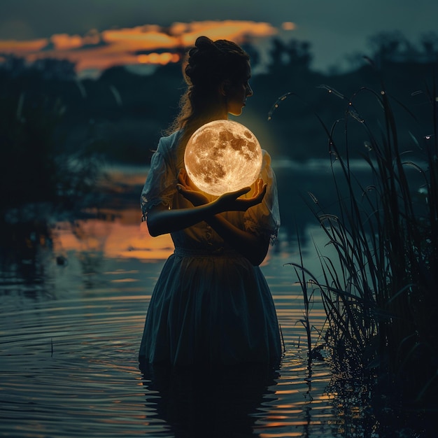 Photo la magie de la photo d'art la femme fantastique et la lune tenant la planète de l'univers dans les mains s'élève vers le ciel nocturne sombre