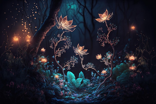 Magival forêt profonde fantaisie fleurs et lumière rougeoyantes La prédominance des nuances sombres et froides plantes incroyables art haute résolution intelligence artificielle générative