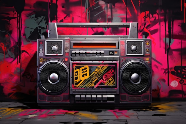 Magnétophone à cassettes de style rétro dans la rue avec des graffitis Danse de rue utilisant la sous-culture de la jeunesse boombox dans le style des années 1980