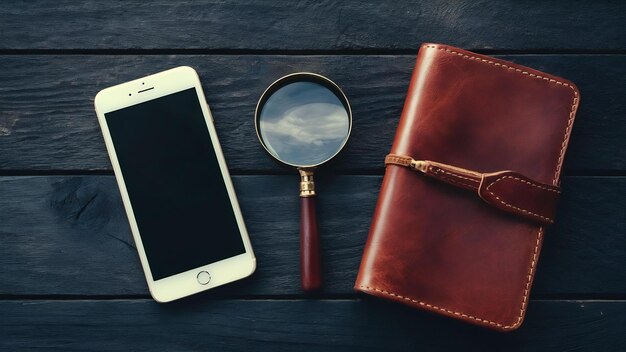 Photo magnificateur de smartphone mobile et portable avec couverture en cuir isolé sur une table en bois de ferme noire