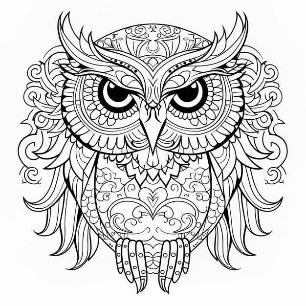 Magnificent Mandala Owl Une page à colorier monochrome captivante avec des éléments complexes et une pristi