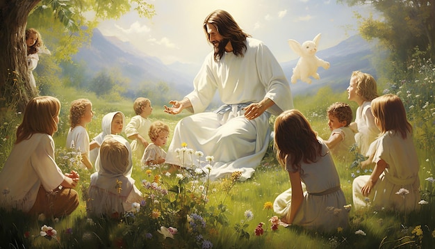 Une magnifique affiche moderne montrant Jésus jouant avec des enfants sur ce fond