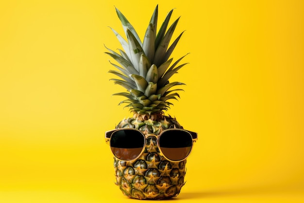 Magnifique ananas aux fruits frais et mûrs dans des lunettes de soleil sur fond jaune Loisirs en été et concept de vacances