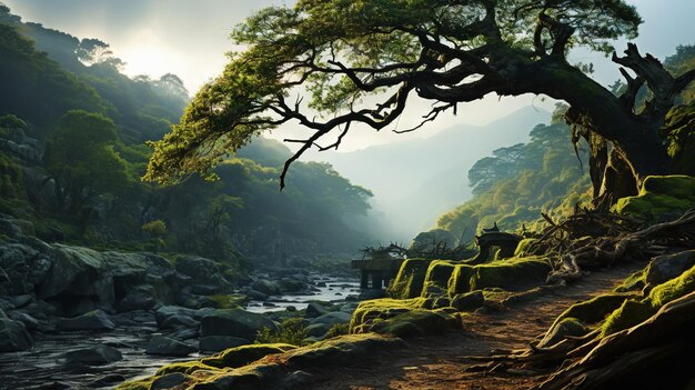 Un magnifique arbre charmant dans une composition forestière quand le soleil éclaire toute la scène AI