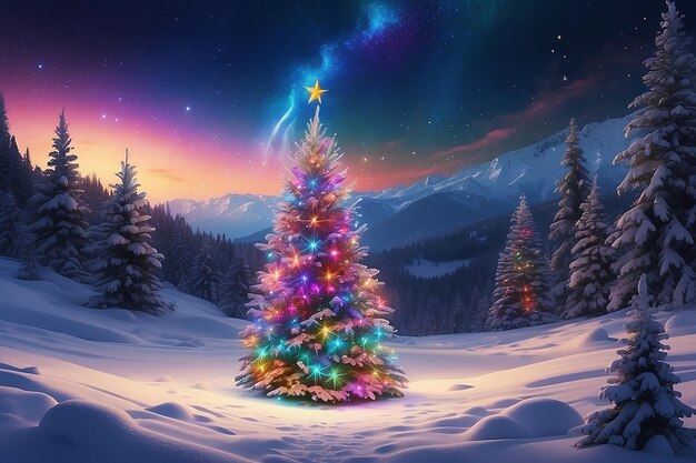 Magnifique arbre de Noël coloré en plein air dans une nuit enneigée avec une étoile filante dans le ciel pour l'humeur parfaite de Noël