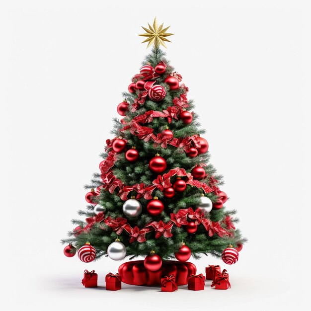 magnifique arbre de Noël naturel avec des ornements rouges, blancs et argentés et des boîtes-cadeaux assorties studio